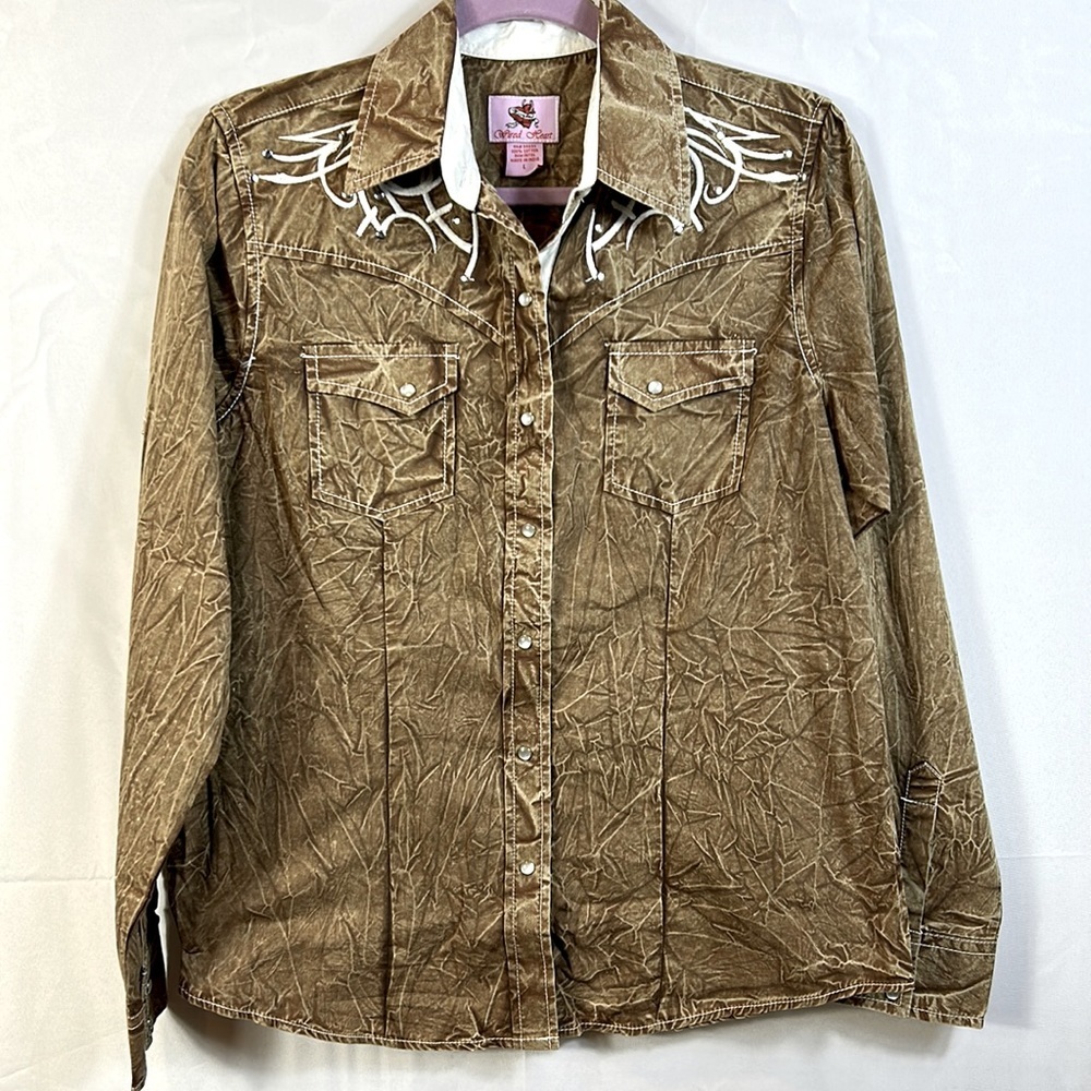 Wired Heart Large LongSleeve Western Shirt Pearl Snaps Like New Stitched Design